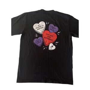Black Coffee Lover T-Shirt‎ Graphic Print Hearts Death to Decaf Size Unknown